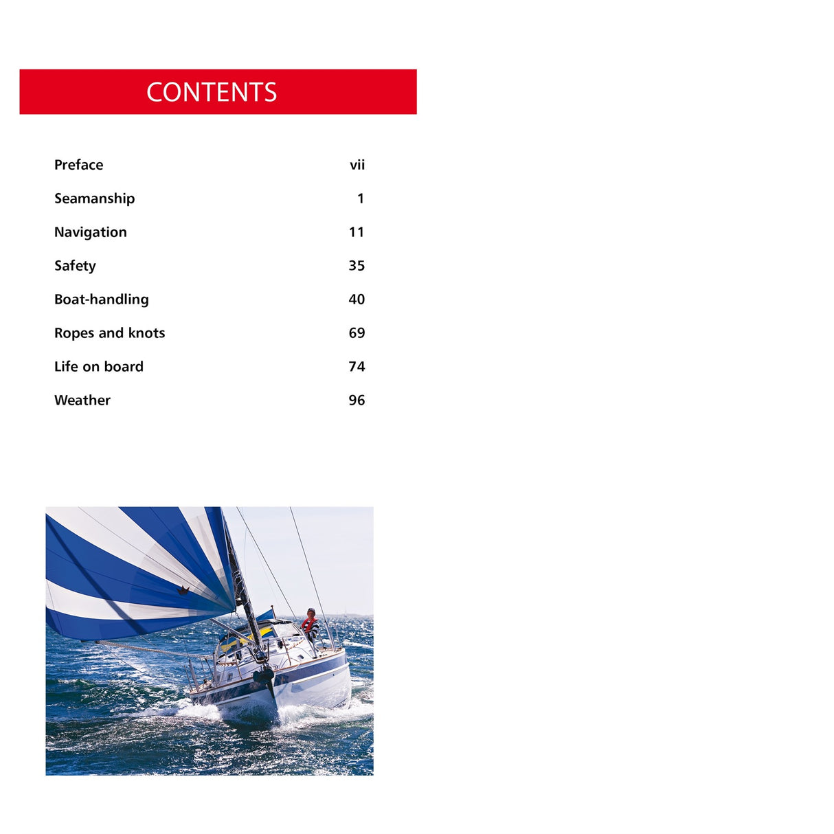 Table of contents for "200 Skipper's Tips" by Fernhurst Books—expert advice on seamanship, navigation, safety, knots, boating life, and weather. Shown below: a photo of an ocean sailboat with people on board.
