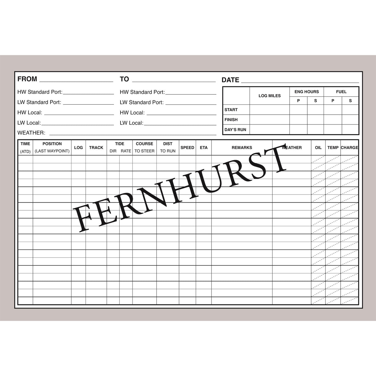 The Logbook For Cruising Under Power by Fernhurst Books features a yacht log page with sections for date, weather, departure/arrival ports, engine hours, fuel, course, speed, ETA, and remarks. "FERNHURST" is stamped diagonally across the page.