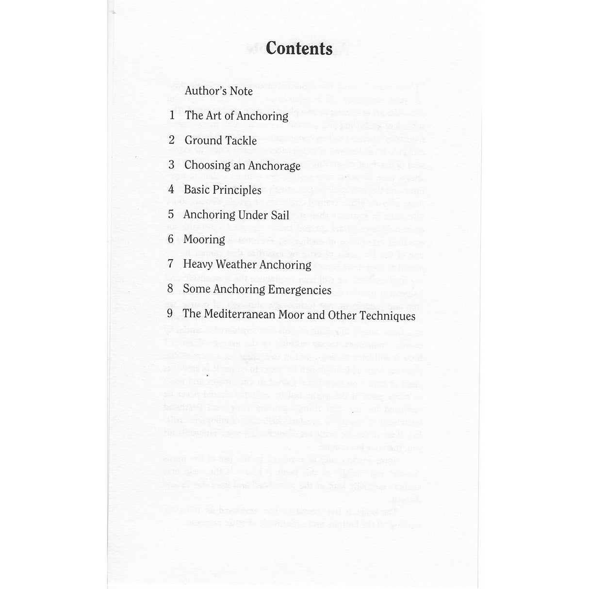 The table of contents in Fernhurst Books' "Staying Put!" covers seamanship and sailing: Author’s Note, Art of Anchoring, Ground Tackle, Choosing an Anchorage, Basic Principles, Anchoring Under Sail, Mooring, Heavy Weather, Emergencies, and Mediterranean Moor.