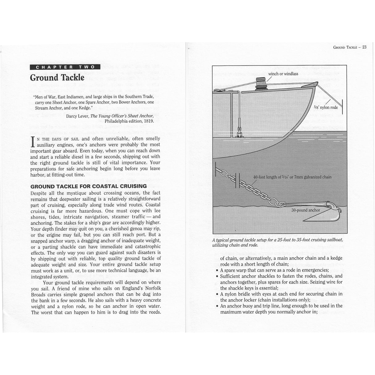A page from "Staying Put!" by Fernhurst Books shows seamanship tips for coastal cruising and an illustration of an anchor and chain hanging from a boat's bow, labeling the snubber and recommended chain length.