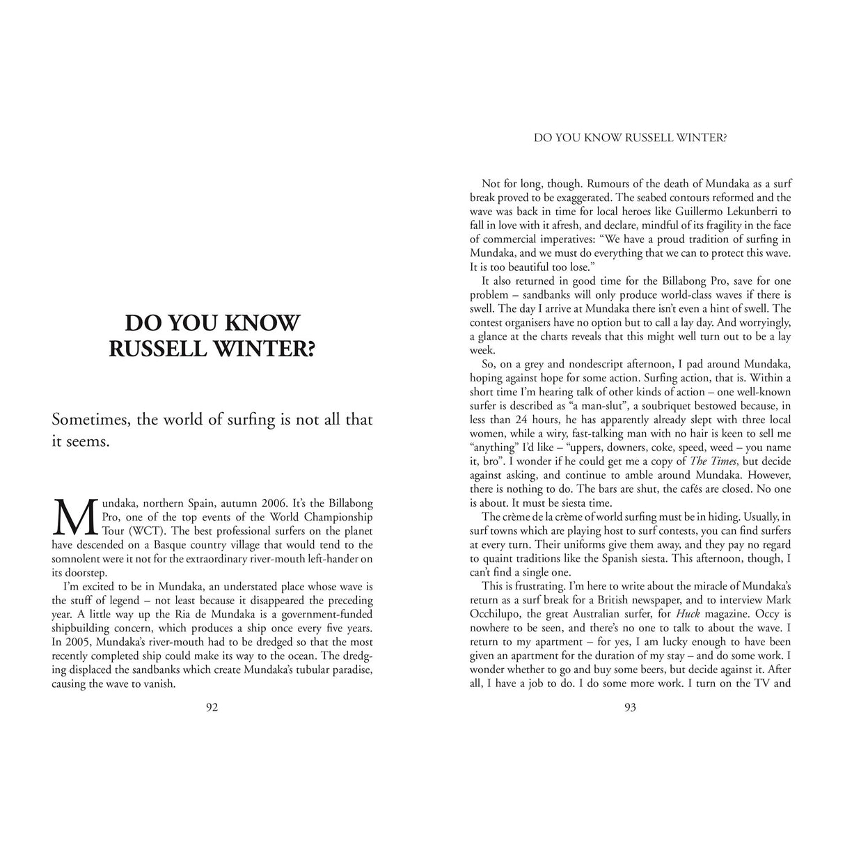 Open book spread from "Amazing Surfing Stories" by Fernhurst Books featuring an article titled "DO YOU KNOW RUSSELL WINTER?"—surfing tales from Mundaka, Spain, legendary surfers, and monster waves; two text-only pages.