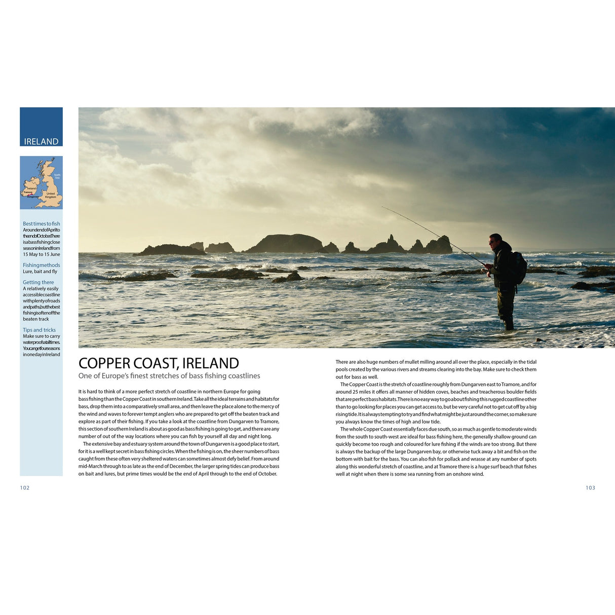 A person fishes with a rod on the rocky Copper Coast, Ireland, under cloudy skies. Jagged rocks rise behind as informational text introduces Fernhurst Books’ Ultimate Fishing Adventures for thrilling coastal fishing experiences.
