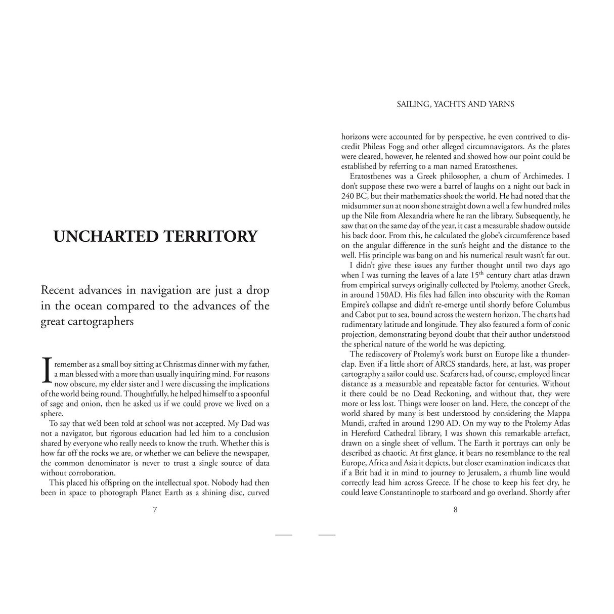 The image features an open book with "UNCHARTED TERRITORY" and highlights "Sailing, Yachts & Yarns" by Fernhurst Books—a must-read for sailing enthusiasts or fans of stories like those by Tom Cunliffe in Yachting Monthly.
