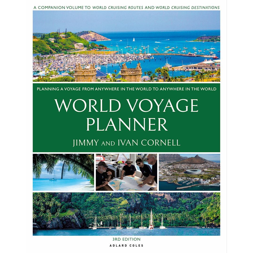 Book cover for "Cornell's World Voyage Planner" by Adlard Coles—features coastal and tropical scenes, a map team, and a bold green title area. Third edition of this essential world voyage guide.