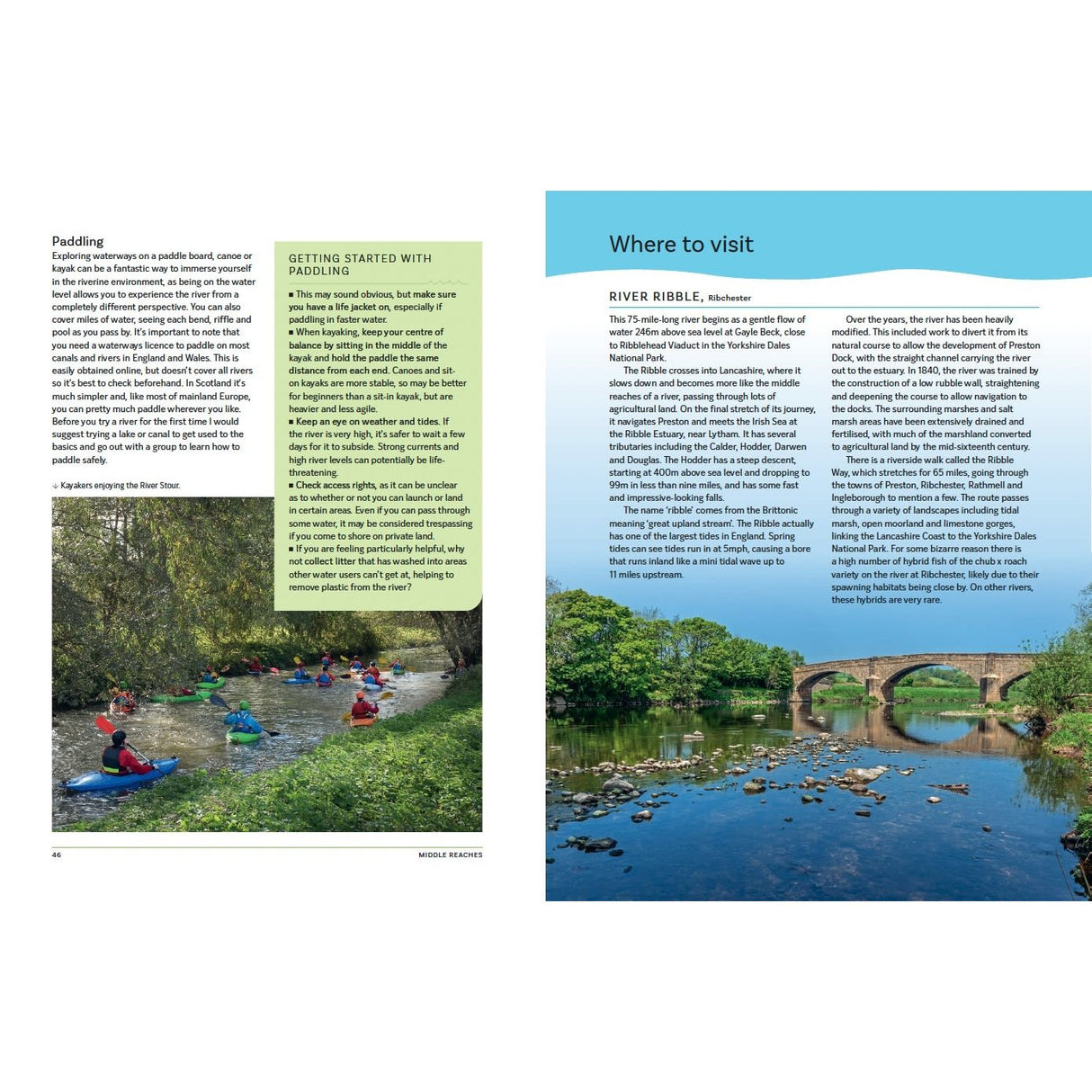 The Great British River" by Bloomsbury features a two-page spread: the left page offers paddling tips on the River Ribble, while the right showcases stunning photos of a stone bridge, river wildlife, and greenery.
