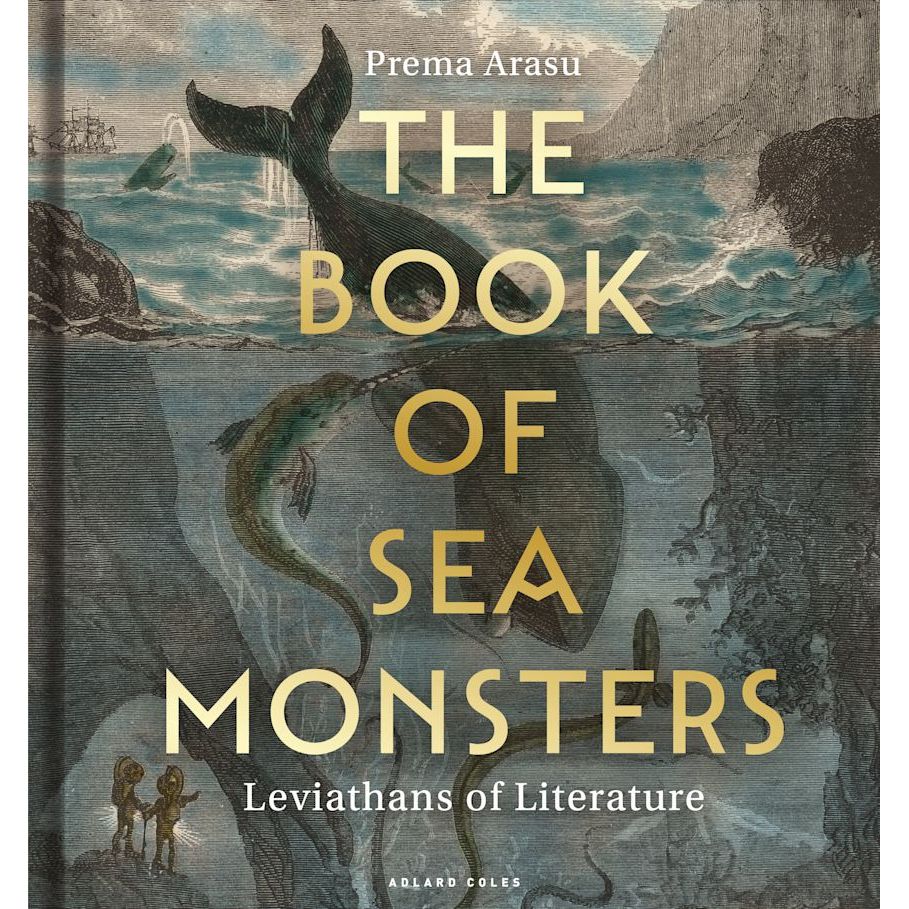 Cover of *The Book of Sea Monsters* by Adlard Coles features mythical sea creatures, including a large fish and a smaller aquatic being, set against a vintage ocean backdrop, capturing the essence of this literary anthology.