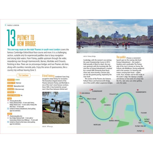 The Paddle London guidebook by Adlard Coles features a Thames map from Putney to New Bridge, highlights key stops, and includes a scenic bridge photo plus an image of two paddleboarders by the river.
