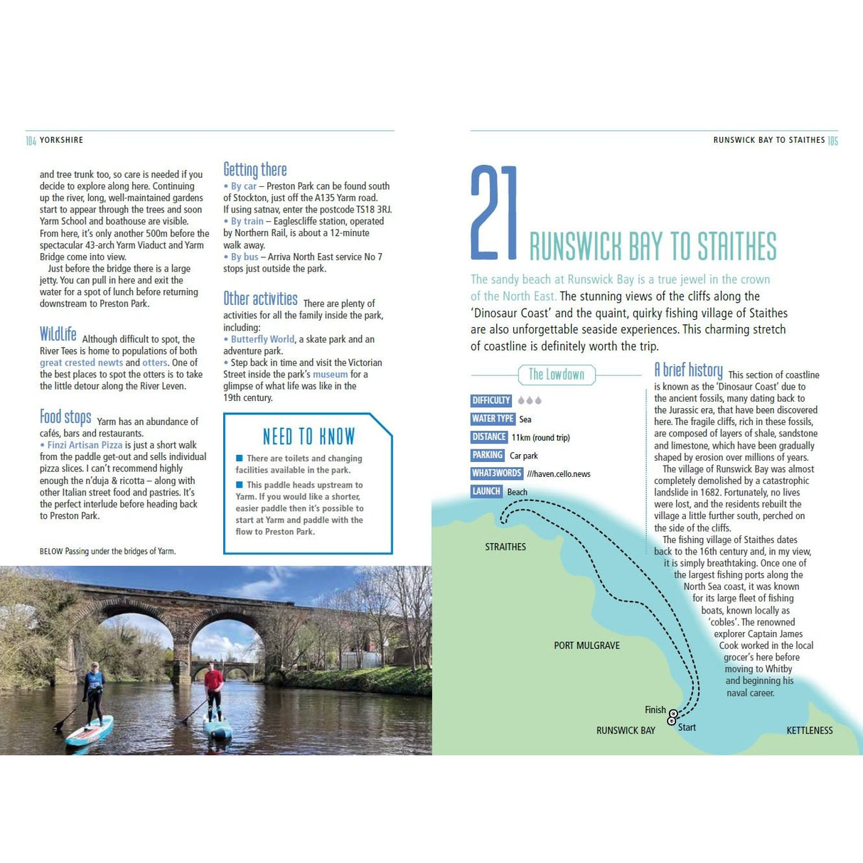 Two pages from Adlard Coles' Paddle the North of England feature a facts box, canoe and kayak routes map, and a photo of people paddling under a stone bridge—ideal for paddleboarding enthusiasts.