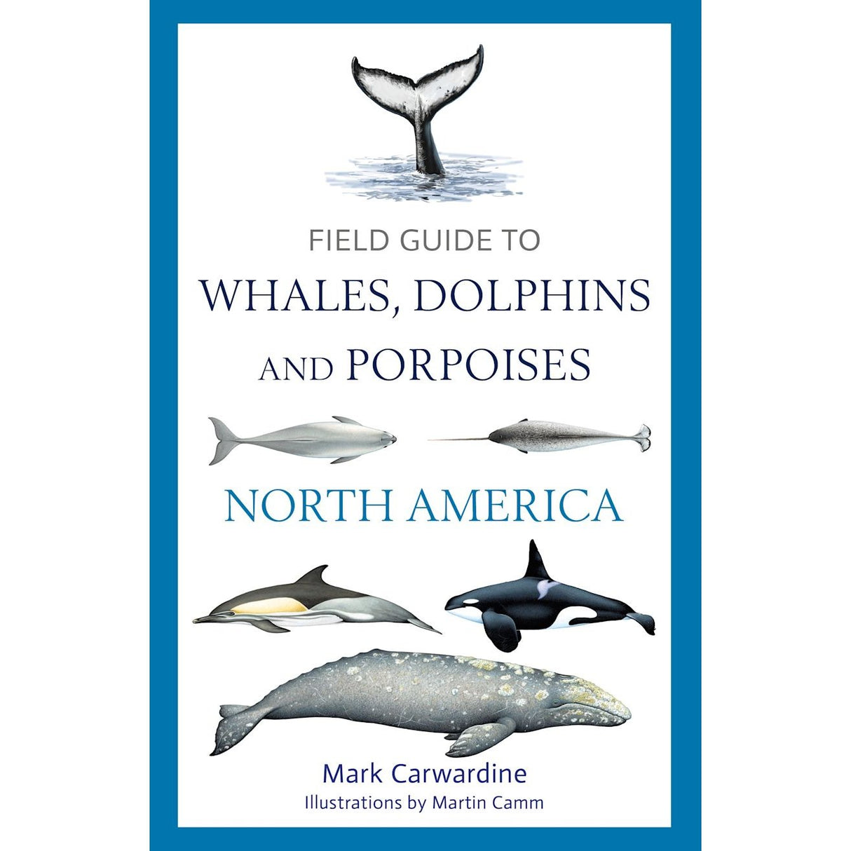 The book cover for "Field Guide to Whales, Dolphins and Porpoises of North America" by Mark Carwardine, illustrated by Martin Camm, showcases various marine mammals and a whale tail. Published by Bloomsbury Wildlife, it serves as an essential identification and whale watching guide for cetacean enthusiasts.