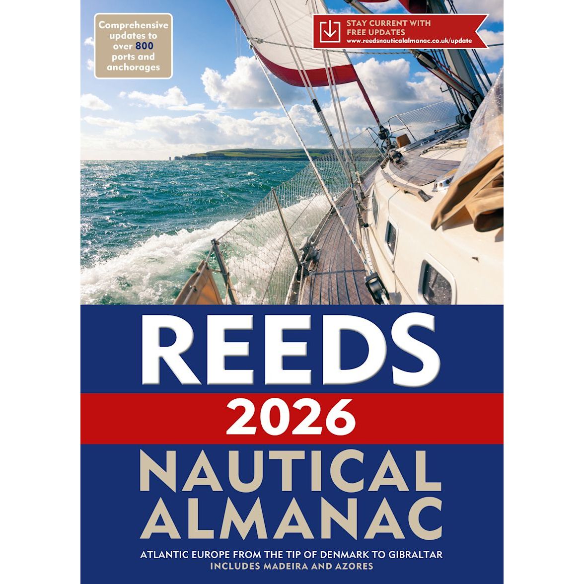 Cover of Reeds Nautical Almanac 2026 by Reeds, showing a sailboat on choppy Atlantic coastal waters under a partly cloudy sky. The text highlights updated navigation essentials for yachtsmen from Denmark to Gibraltar.
