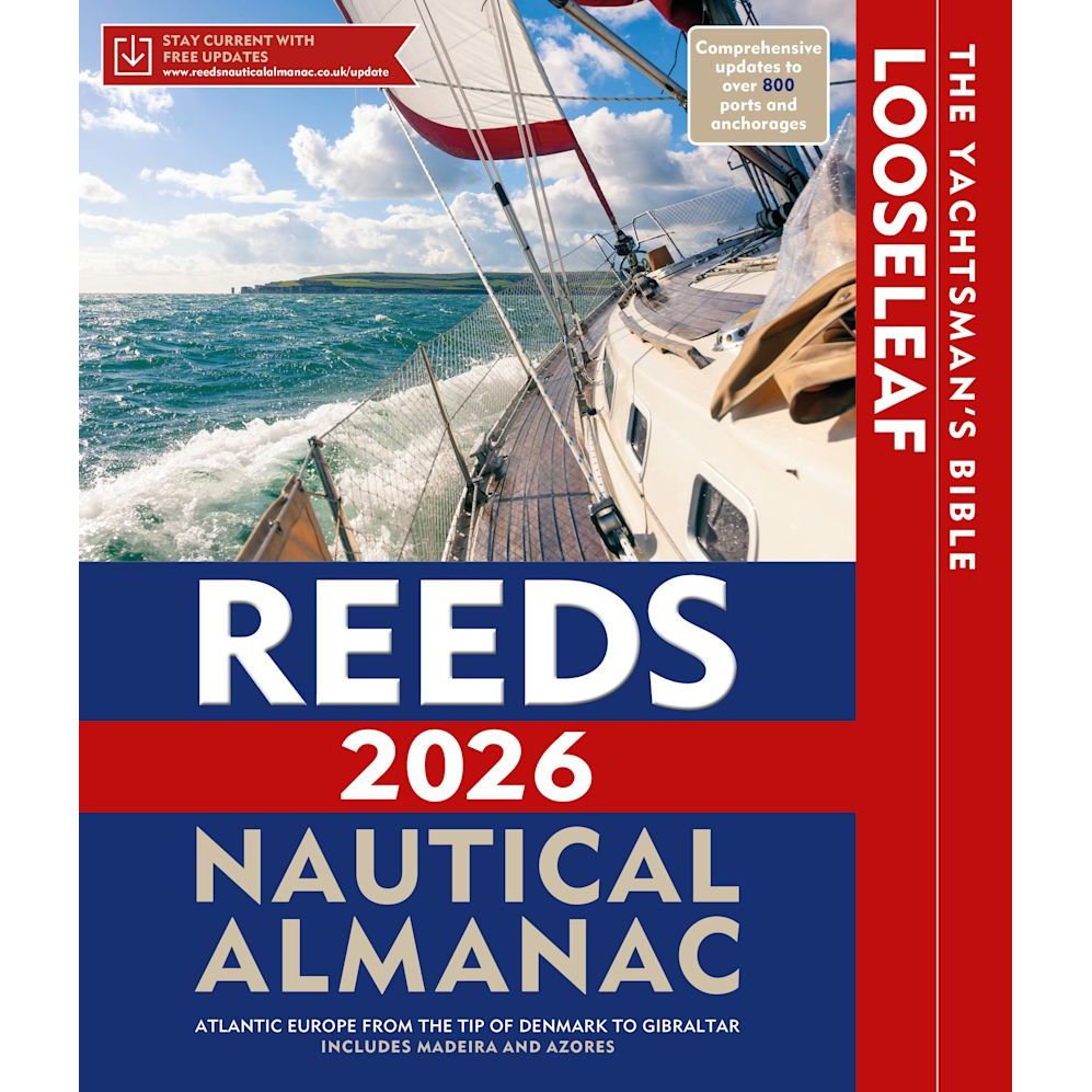 Cover of Reeds Nautical Almanac 2026 by Reeds shows a sailboat on windy Atlantic waters, with text calling it "The Yachtsman's Bible". Features updates to 8000+ ports and anchorages.