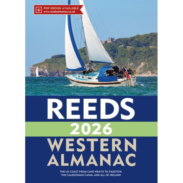 A sailing boat with blue and white sails glides across the sea, backed by a green, tree-lined British coast. Text overlay: "Reeds Western Almanac 2026" from Reeds.