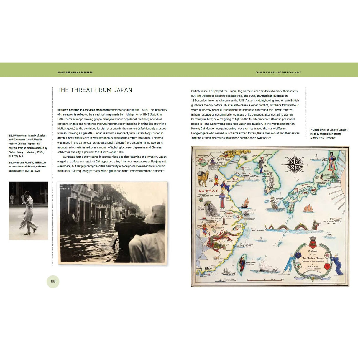 Two pages from Black and Asian Seafarers by Adlard Coles showcase text about Japan in WWII, a black-and-white photograph of a woman, a sepia-toned photo of a street, and a vibrant illustrated map of East Asia featuring ships and landmarks—spotlighting the important roles played by Asian seafarers in regional maritime history.
