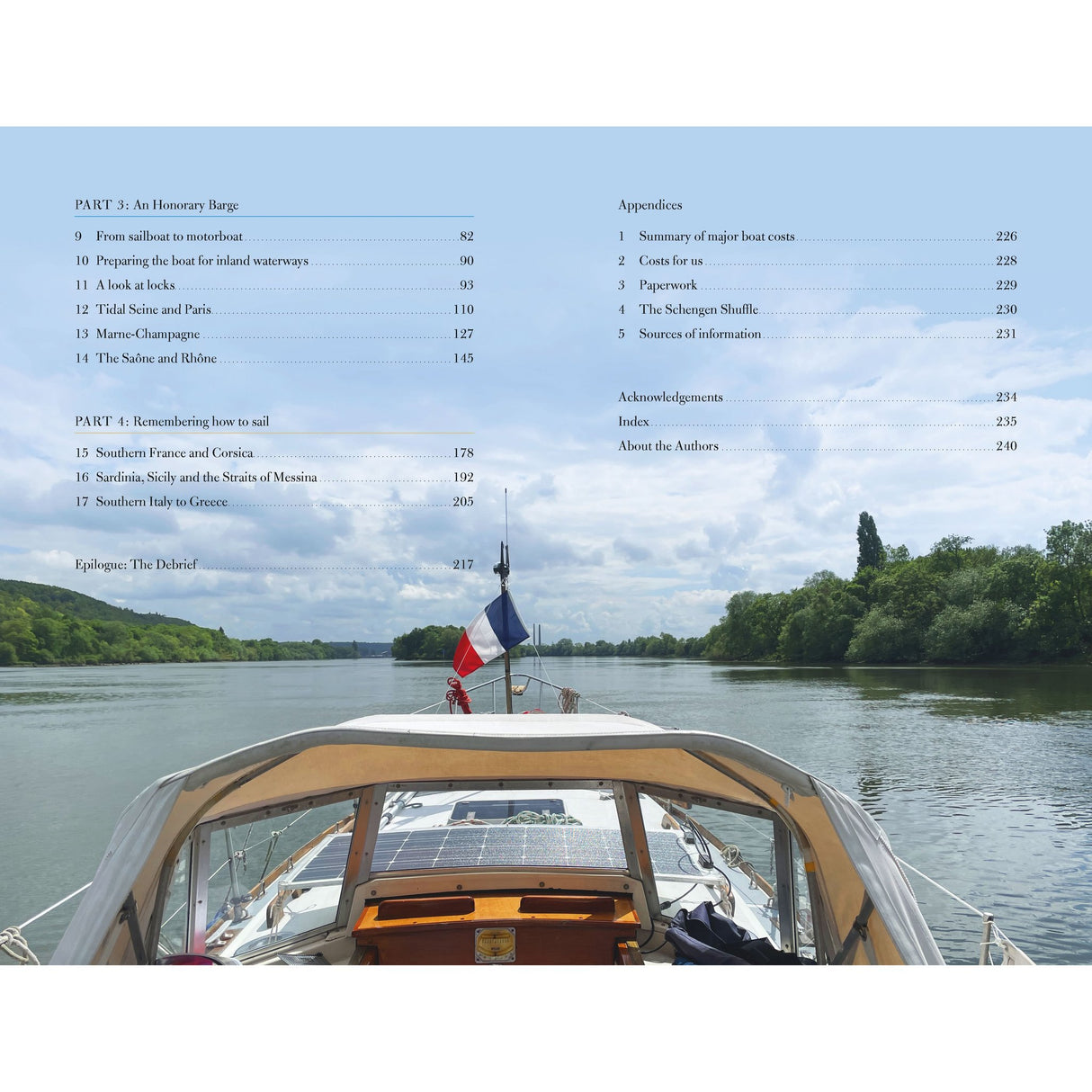 A view from a boat’s cockpit on a calm, tree-lined river with the French flag flying at the stern. Overlaid in the sky is the table of contents for "Floating Through France" by Adlard Coles.