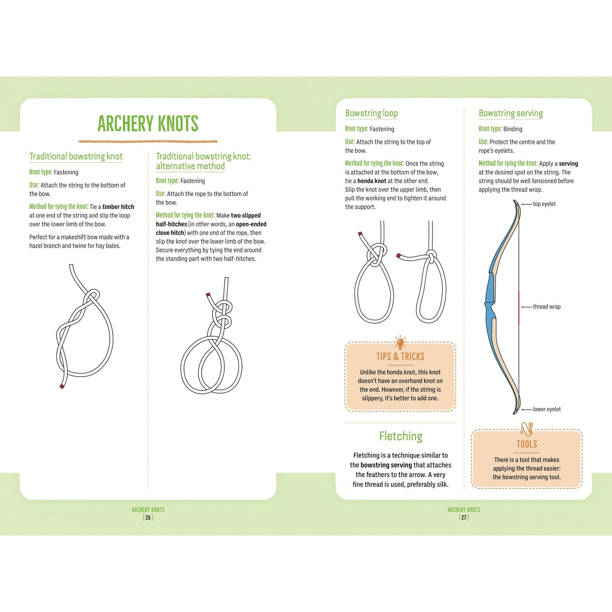 The Big Book of Knots by Adlard Coles features illustrated instructions for traditional bowstring knots, loops, decorative knots, and serving, plus tips, knot tying tools, and a photo of a bow with string wraps.