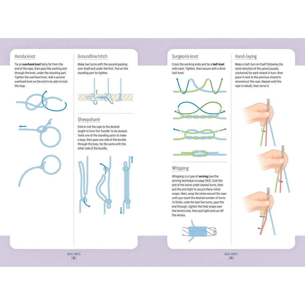 The Big Book of Knots by Adlard Coles features illustrated blue and green guides for tying the Honda knot, Groundline hitch, Sheepshank, Surgeon’s knot, and whipping, plus sections on hand-laying rope and decorative knots.