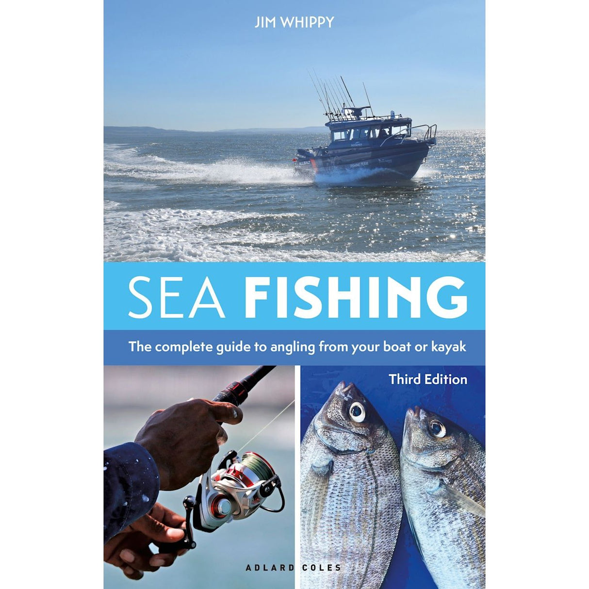 The Adlard Coles "Sea Fishing" book cover shows a fishing boat on the water, a person with a rod, and two fish. Text: "The complete sea angling guide to boat or kayak fishing.