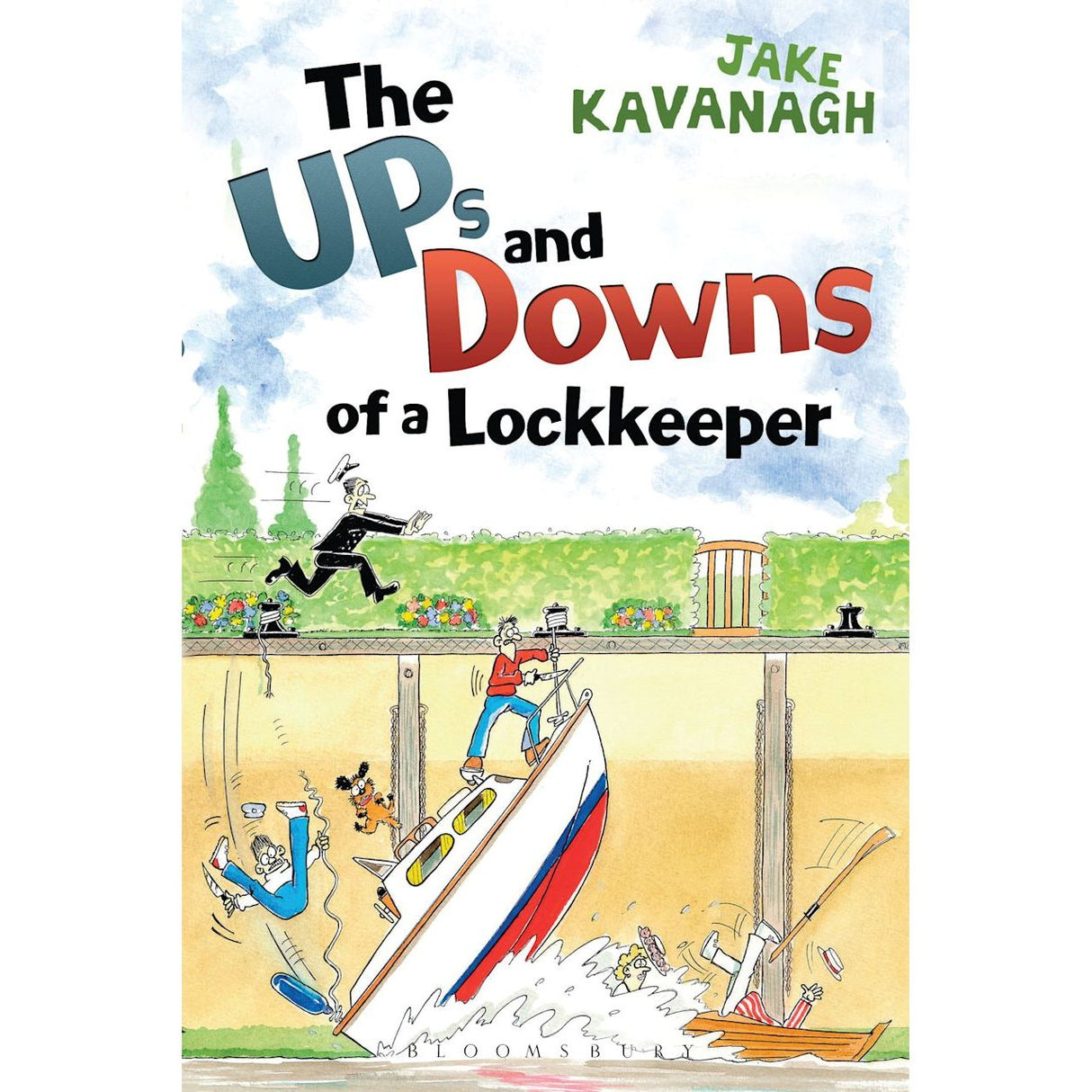 Adlard Coles' "Ups and Downs of a Lockkeeper" by Jake Kavanagh features a humorous cover illustration depicting a boat tipping vertically in a lock, with surprised passengers tumbling as the concerned lock-keeper springs into action.