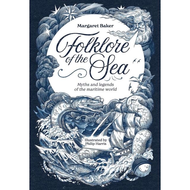 The "Folklore of the Sea" book cover by David & Charles Publishing features swirling blue and white art with a ship, sea serpent, waves, and a bearded figure—a vivid maritime tribute.