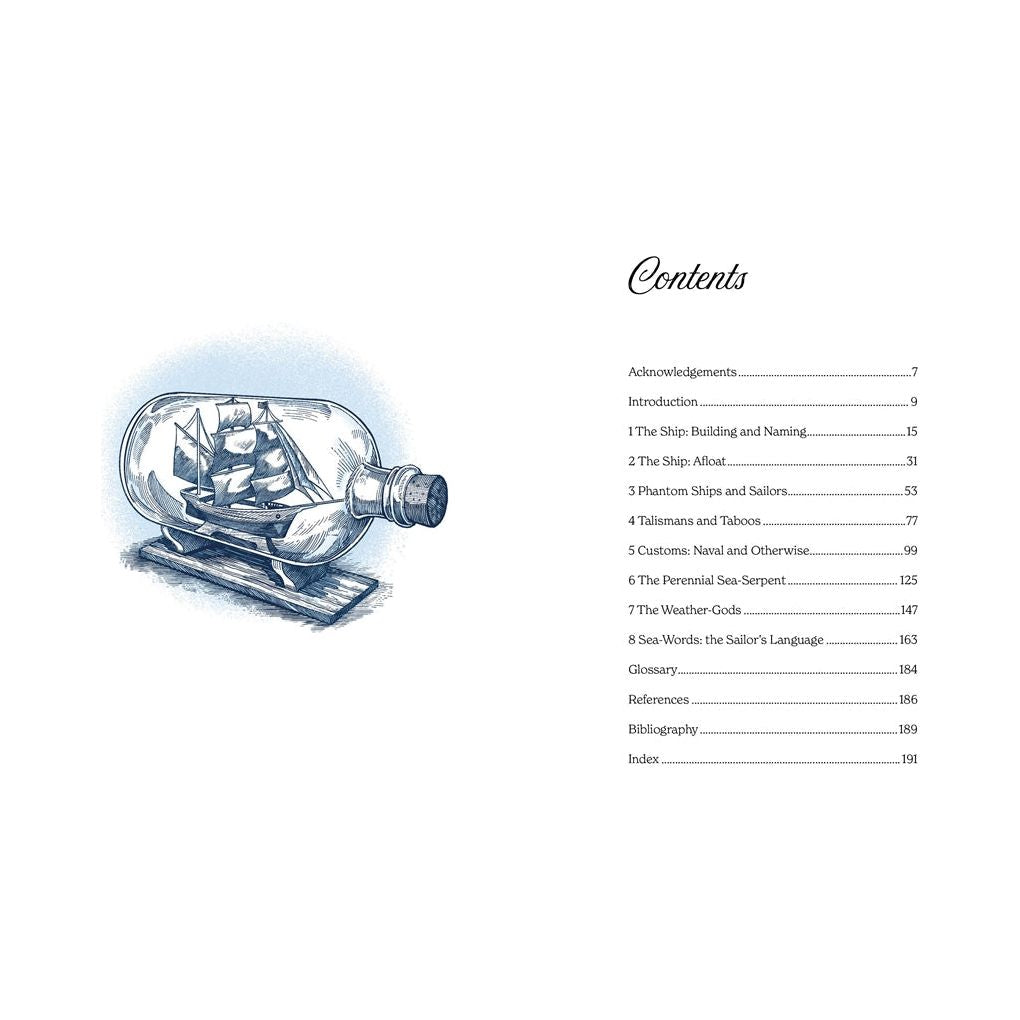 On the left, an illustrated ship in a bottle rests on a wooden stand. On the right, "Folklore of the Sea" by David & Charles Publishing displays its neat serif table of contents with chapters and sections and page numbers.