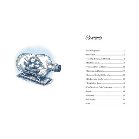 On the left, an illustrated ship in a bottle rests on a wooden stand. On the right, "Folklore of the Sea" by David & Charles Publishing displays its neat serif table of contents with chapters and sections and page numbers.
