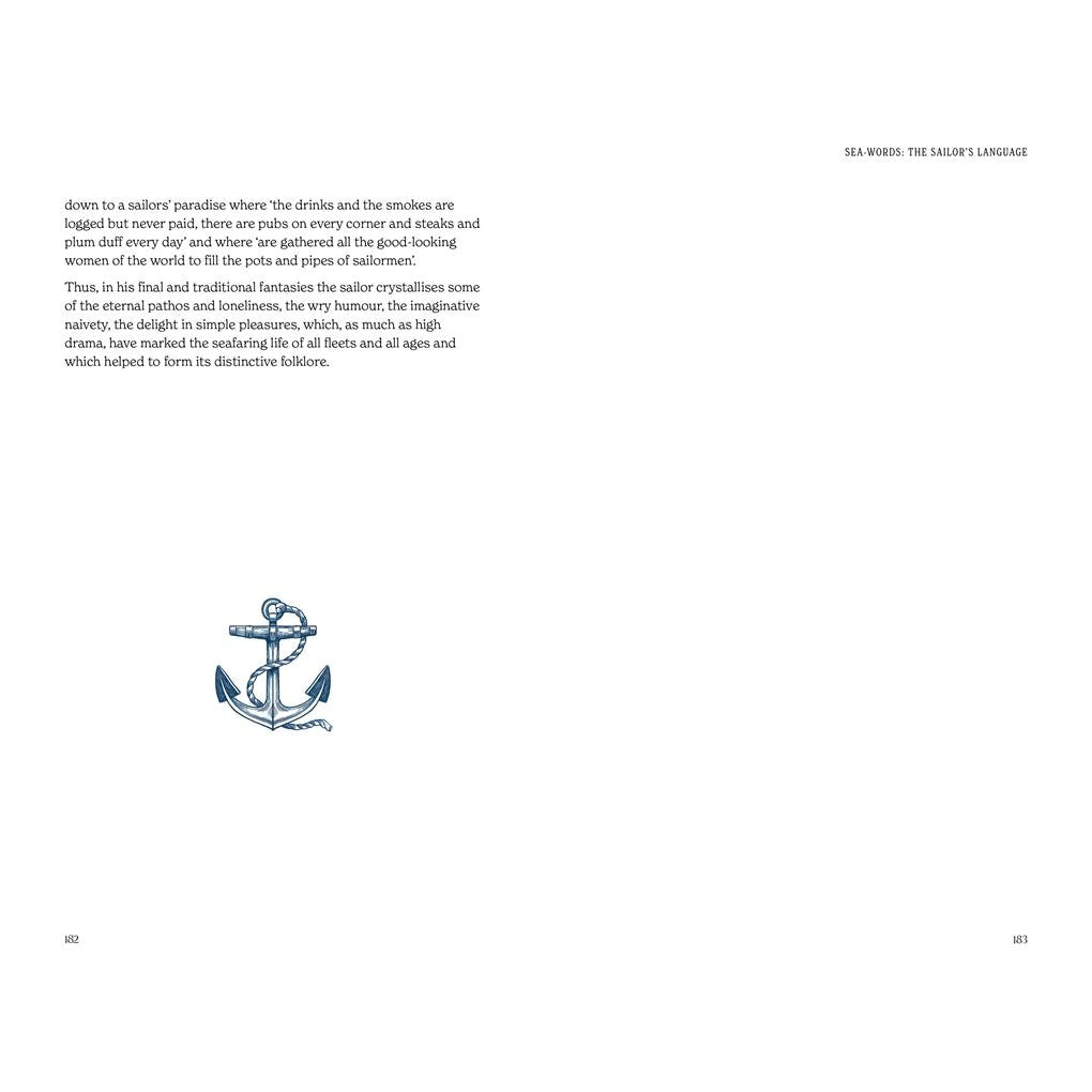 A page from Folklore of the Sea by David & Charles Publishing shows text in the upper left, a blue anchor at the bottom left for a maritime feel, and a mostly blank right side with only the section title and page number.