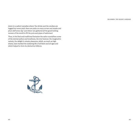 A page from Folklore of the Sea by David & Charles Publishing shows text in the upper left, a blue anchor at the bottom left for a maritime feel, and a mostly blank right side with only the section title and page number.