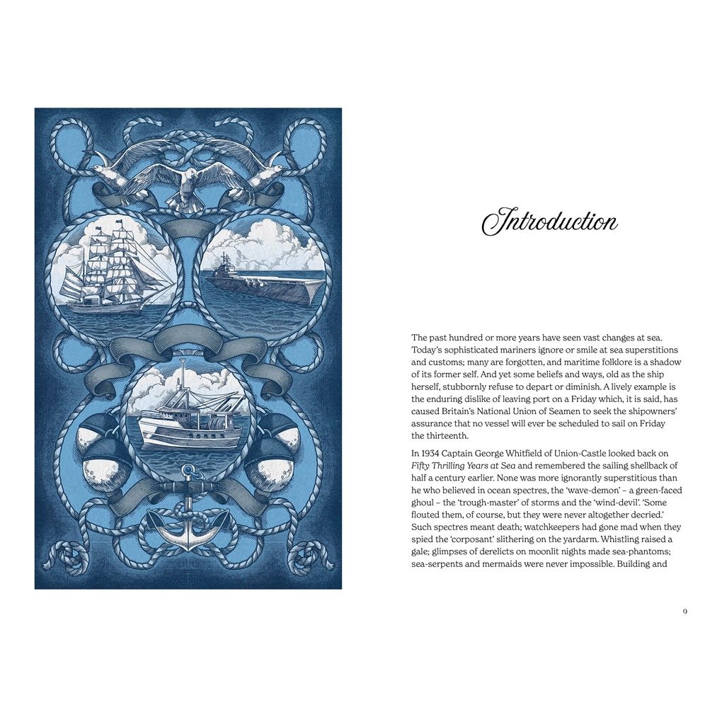 An illustrated page from Folklore of the Sea by David & Charles Publishing features four ship and sea scenes, with an "Introduction" text exploring maritime life, sea lore, and superstitions from various folk collections of the past century.