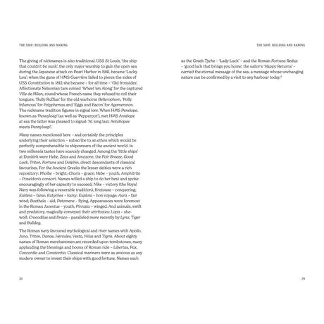 In "Folklore of the Sea" by David & Charles Publishing, pages 28–29 feature text on ship-naming traditions and sea lore, exploring the origins of ship names. Both pages are text-only with no illustrations.