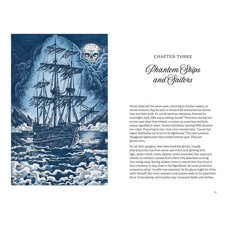 Illustration of a ghostly sailing ship on stormy seas beneath a cloudy night sky, with an eerie skull in the clouds. Text on the right introduces "Folklore of the Sea," a sea lore collection from David & Charles Publishing.