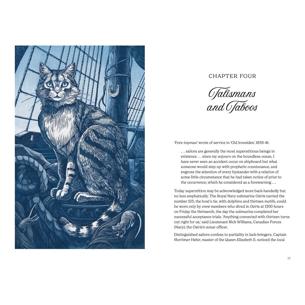 An illustrated page from "Folklore of the Sea" by David & Charles Publishing shows a tabby cat on coiled ropes aboard a ship. The next page, "Chapter Four: Talismans and Tabbies," delves into sea lore and maritime superstitions about cats.