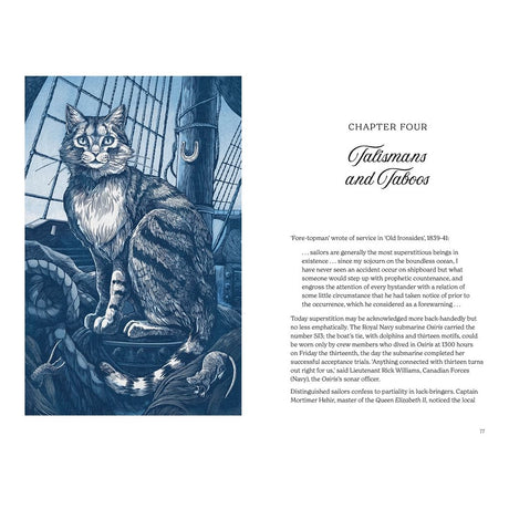 An illustrated page from "Folklore of the Sea" by David & Charles Publishing shows a tabby cat on coiled ropes aboard a ship. The next page, "Chapter Four: Talismans and Tabbies," delves into sea lore and maritime superstitions about cats.