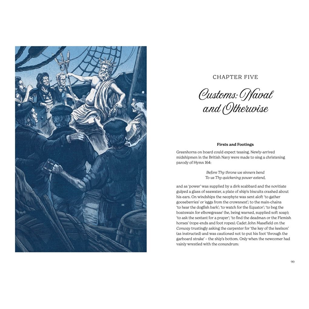 A blue-toned illustration from "Folklore of the Sea" by David & Charles Publishing shows sailors watching a robed, bearded man with a staff speak dramatically. The opposite page features the chapter title: “Customs: Naval and Otherwise.”.