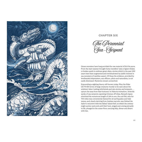 An illustration from Folklore of the Sea by David & Charles Publishing shows a giant sea serpent attacking a ship at night, coiling around it under a full moon, with chapter text on classic sea-serpent legends and maritime lore.