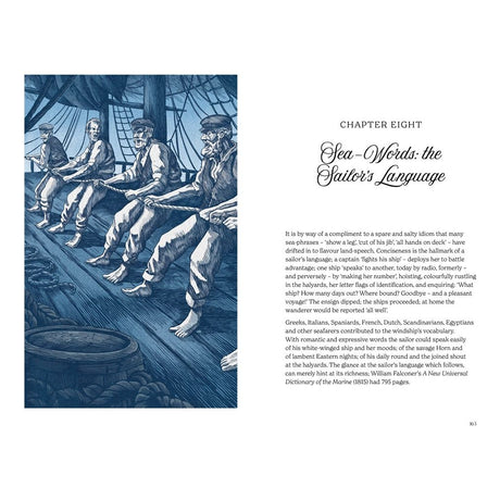 Illustration of sailors in a row pulling ropes aboard ship, with mast and sails in the background. Text introduces Chapter Eight, "Sea-Words: the Sailor's Language," from Folklore of the Sea by David & Charles Publishing.