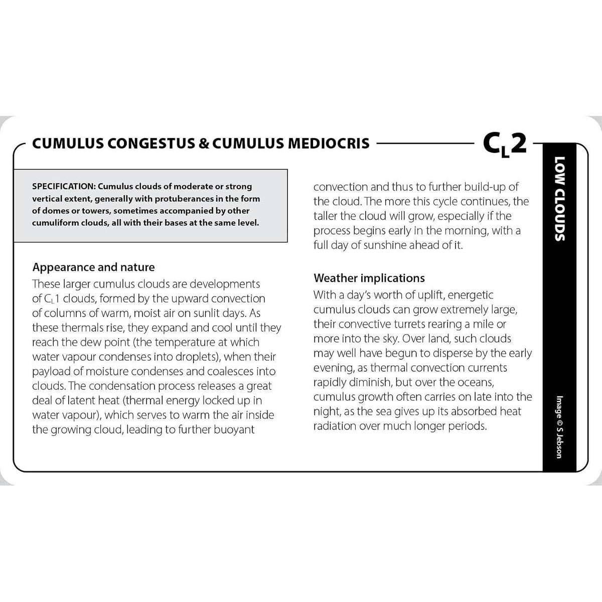 The Cloud Deck educational reference card identifying Cumulus congestus and Cumulus mediocris cloud formations, detailing their appearance, specifications, and weather implications.