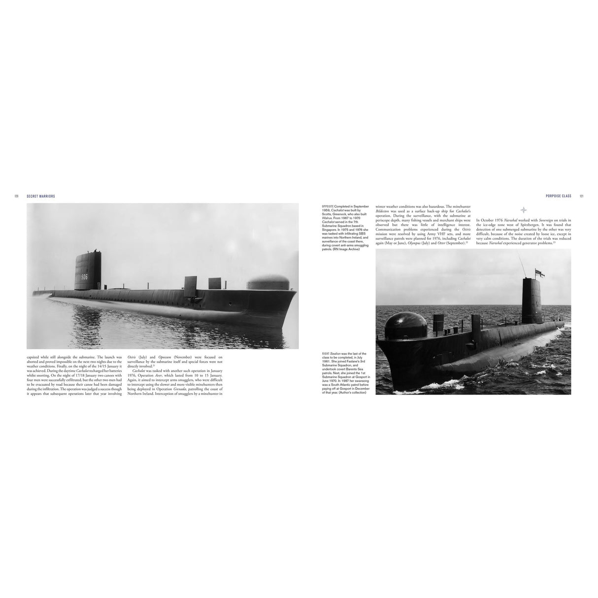 Two black-and-white submarine photos appear in "Secret Warriors" by Osprey—one a side view, the other from the front, depicting Royal Navy history and Cold War submarine operations.