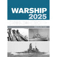 The book cover for "Warship 2025" from Osprey Publishing features blueprint-style drawings of combat ships and submarines on a blue background with black-and-white photos, creating a striking tribute to naval history.