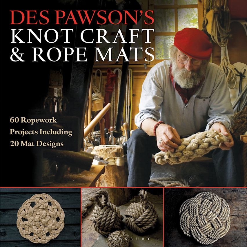 Cover of "Des Pawson's Knot Craft and Rope Mats" by Adlard Coles. Features Des Pawson crafting a rope mat with three knot designs, highlighting 60 projects, including 20 unique mats, celebrating knot art.