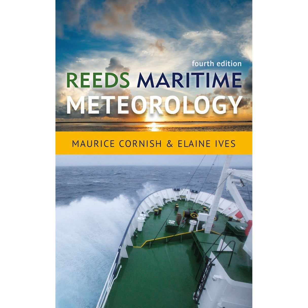 The cover of Reeds Maritime Meteorology showcases a stunning ocean sunset with a ship navigating waves, emphasizing the importance of mastering weather at sea for maritime certificates of competency.