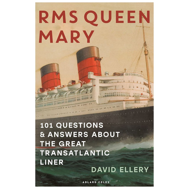 The illustrated book cover shows the iconic Queen Mary liner with three red and black smokestacks. Titled "RMS Queen Mary" by Adlard Coles, it offers 101 Q&As exploring the great transatlantic liner's maritime history.