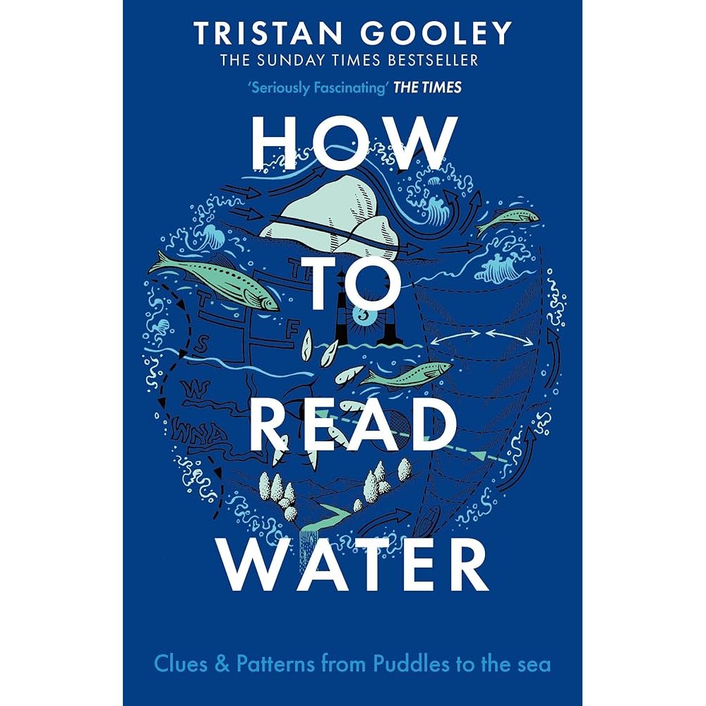 The cover of "How To Read Water" by Sceptre displays stylized waves, raindrops, fish, and a boat on a deep blue background, highlighting the book’s theme of natural navigation and uncovering water’s hidden clues.