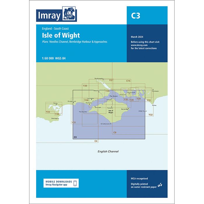 Imray Chart C3: Isle of Wight by Imray provides a detailed sailing chart with Solent navigation info, March 2024 edition, includes guidance for digital downloads.
