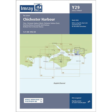 A nautical chart titled "Imray Chart Y29 | Chichester Harbour (Small Format)" by Imray, featuring detailed navigation aids for Chichester Harbour and its surroundings. The chart highlights marina locations including Northney, Birdham Pool, and Emsworth Yacht Harbour, scaled at 1:21,500—ideal for navigating UK waterways.