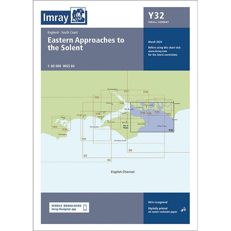 The Imray Chart Y32 | Eastern Approaches to the Solent (Small Format) by Imray is a nautical chart detailing marine navigation for the south coast of England, including UK Waterways. It features the Isle of Wight and part of the mainland, with highlighted sections and coordinates for safe sailing.