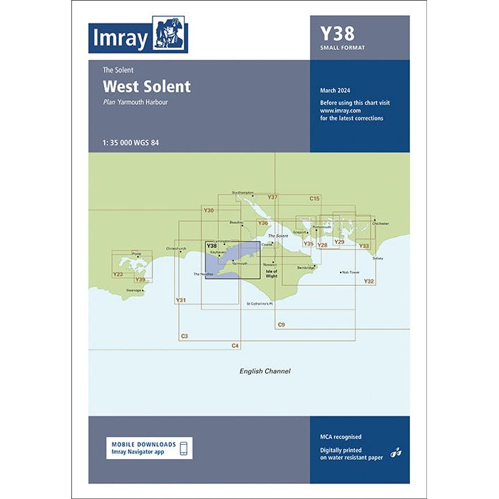 Imray Chart Y38: West Solent by Imray features map 2200.12 of the Solent and Yarmouth Harbour, with grid sections, publication info, and navigation details for small craft.