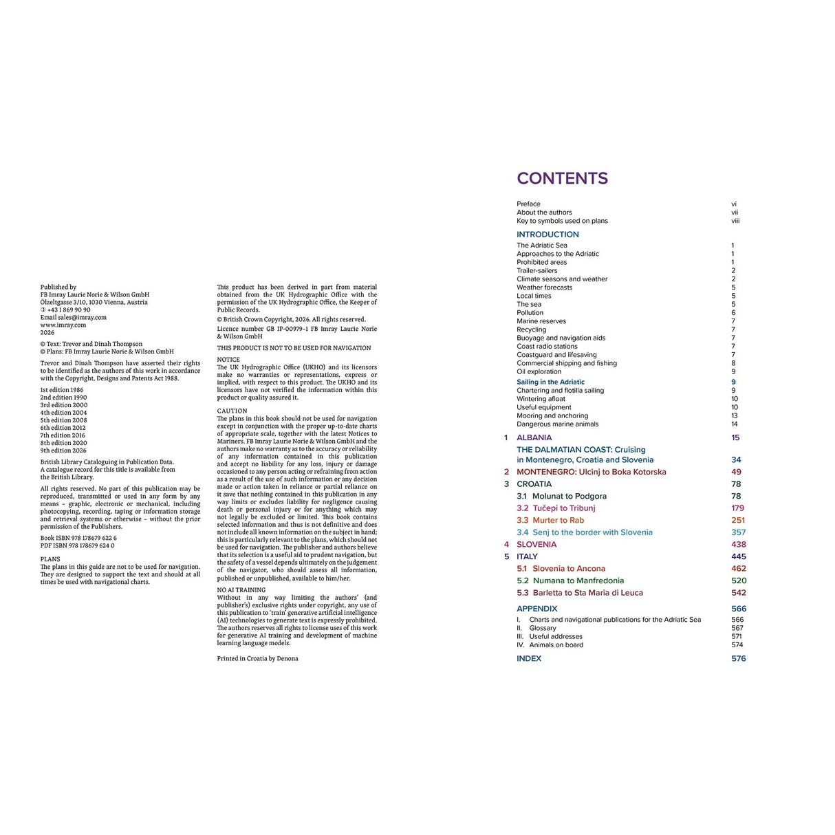 The left page of Adriatic Pilot by Imray lists publishing and copyright details; the right page features a multicolored table of contents with section titles and page numbers—ideal for any Croatia sailing or Adriatic Sea cruising guide.