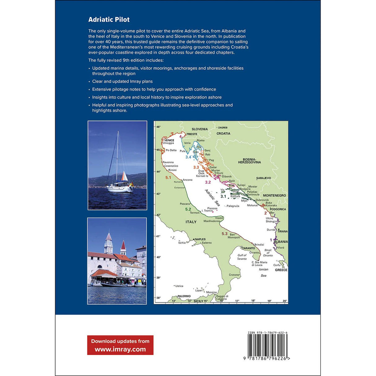 Back cover of Imray’s Adriatic Pilot, showing a map, photos of Croatia’s coast with boats and buildings, expert sailing info, and a barcode—ideal for Mediterranean navigation enthusiasts.