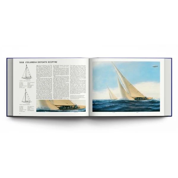 An open copy of "The Story of the America’s Cup 1851-2024" by ACC Art Books displays sailboat diagrams and descriptive text on the left page, while the right page features a painting of an America's Cup yacht race, with sailboats racing across the ocean beneath a blue sky.