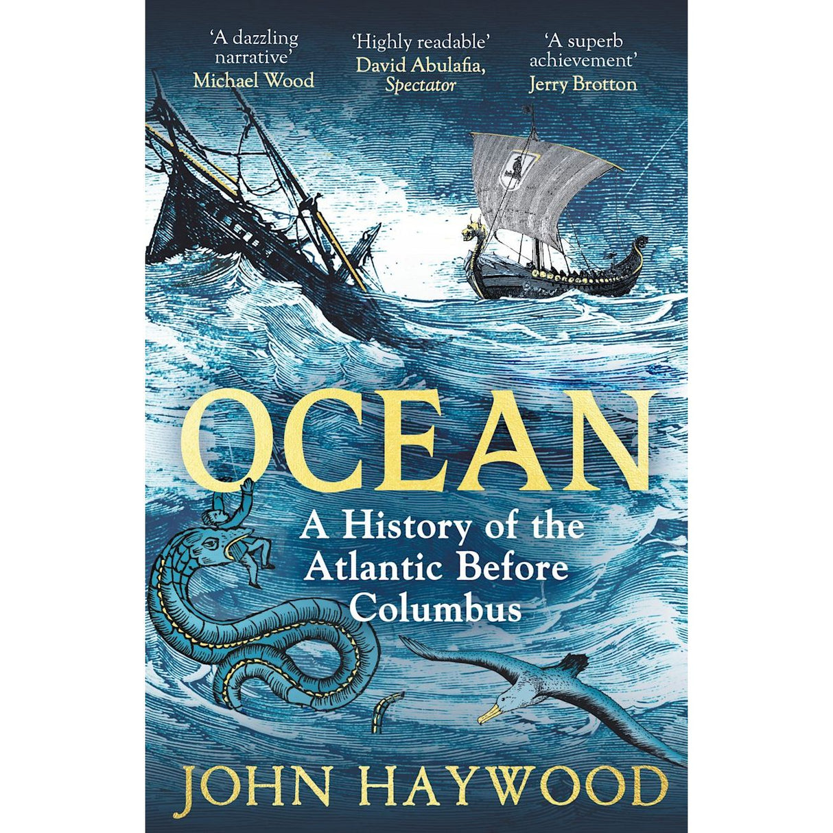 The illustrated cover of "Ocean" by Apollo features ships navigating stormy seas above mysterious sea creatures, evoking ocean exploration and pre-Columbian Atlantic history. Title, author, and praise quotes are prominently displayed at the top.